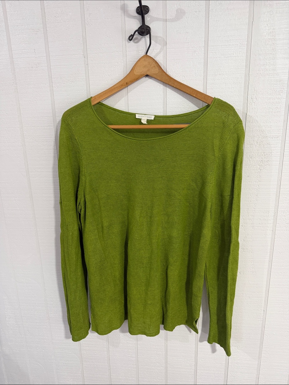 Eileen Fisher Organic Linen Olive Green Scoop Neck Knit Sweater